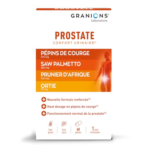 GRANIONS| Prostate | Contribue au bon fonctionnement de la prostate | Pépins de Courge, Ortie, Prunier d’Afrique | Formule brevetée et renforcée | Marque Française | 60 Gélules