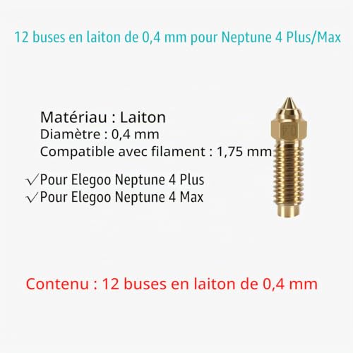 KOYOFEI Lot de 12 buses en laiton pour Neptune 4 Plus, pièces d'imprimante 3D, haute vitesse, 0,4 mm, pour Elegoo Neptune 4 Plus, Neptune 4 Max – vue 2