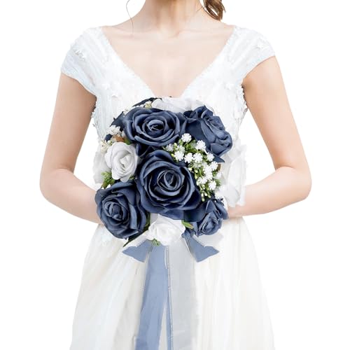 DIYDOFUN Navy Blue and White Wedding Bouquet