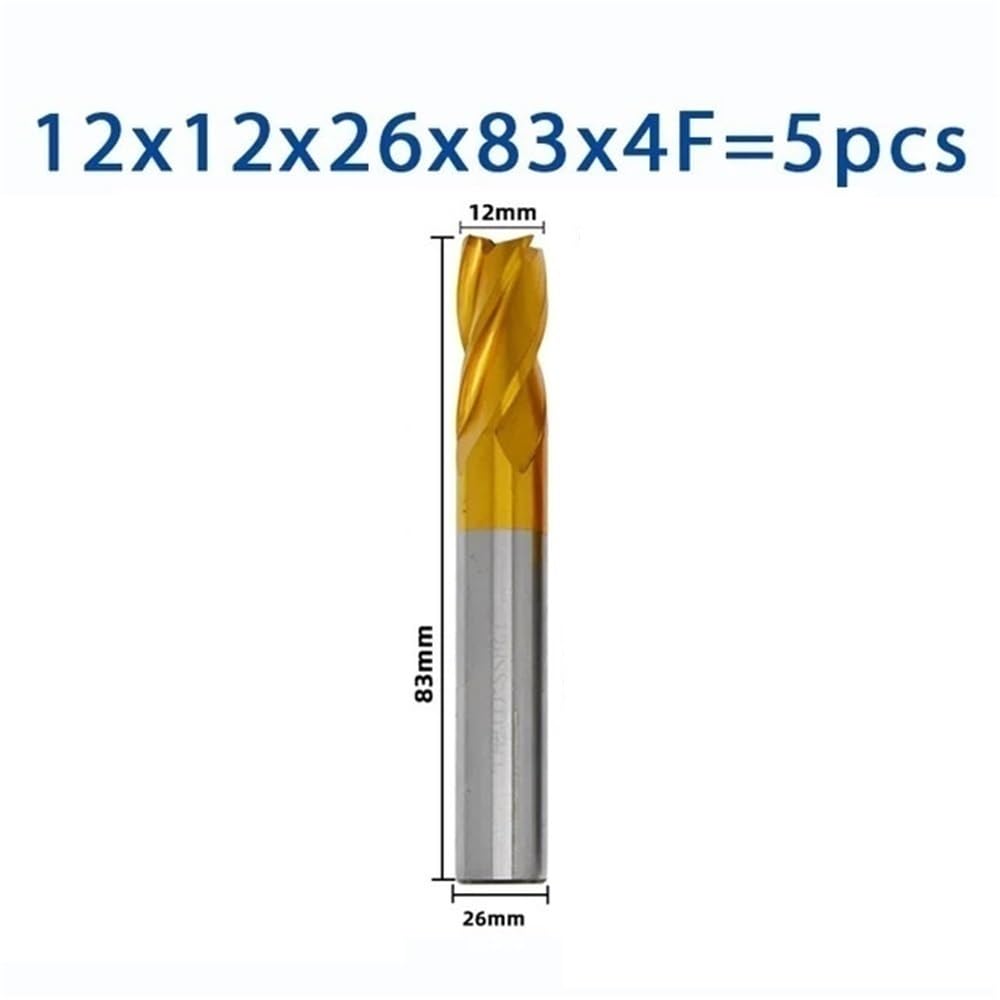 5-teiliger Schaftfräser mit Titanbeschichtung, 4 Nuten, HSS-CNC-Fräser 3–12 mm, M35-Fräser-Set for Metall, Stahl und Holz(12mm)