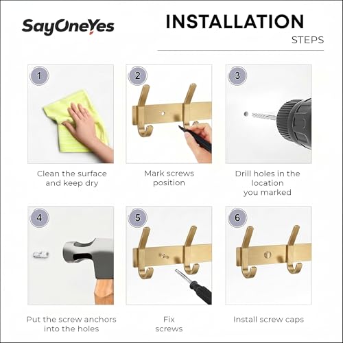SAYONEYES Brushed Gold Wall Mounted Coat Rack – 17 Inch Stainless Steel Rail with 6 Double Coat Hooks for Entryway, Bathroom, Bedroom, Kitchen – Modern Gold Hook Rack for Coats, Hats, Towels by SAYONEYES - Image 7