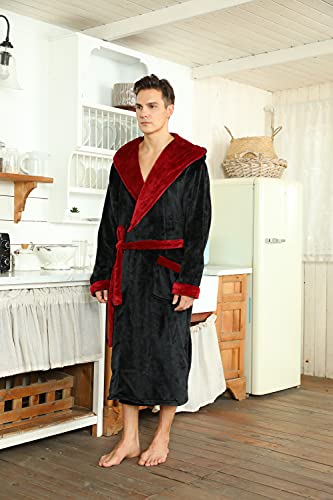 U2Skiin Mens Fleece Hooded Robe Plush Bathrobe (Black/Dark Red, L/Xl) #TOP2