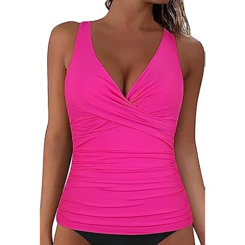 Mycoco Women's Underwire Tankini Top Only V Neck Push Up Swim Top Ruched Bathing Suit Tops Hot Pink US 16 Cover
