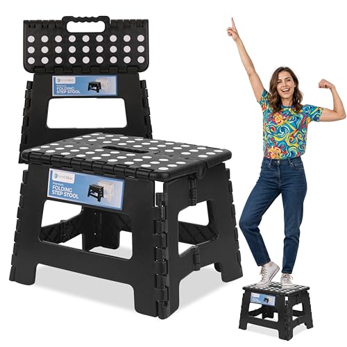 WedDecor Heavy Duty 9 Inch Folding Step Stool for Kids & Adults, Portable Non Slip Plastic Step Up Stool with Carry Handle for Camping, Kitchen, Bathroom, Indoor/Outdoor Use, Holds 330lbs Load, Black