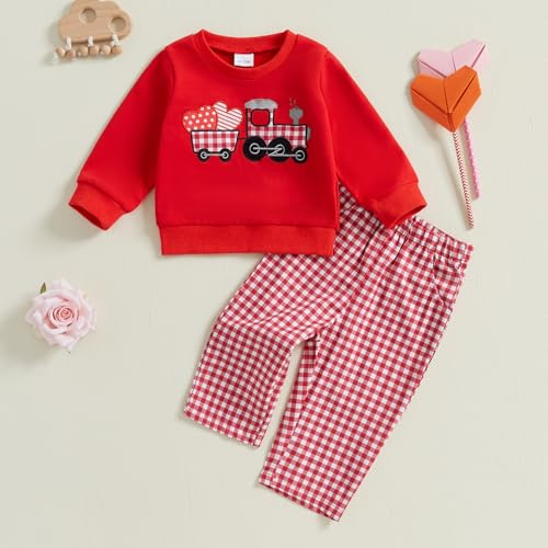 Toddler Baby Girl Boy Valentines Outfit Heart Embroidered Long Sleeve Sweatshirt Plaid Pants Set 2Pcs Clothes2
