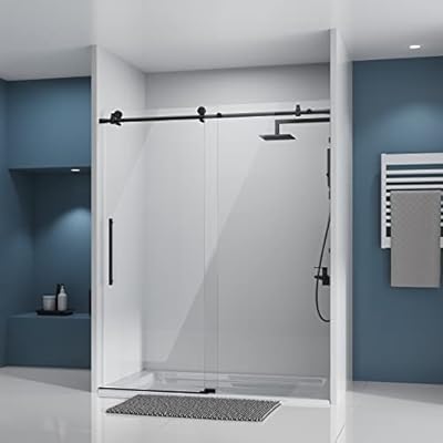 DELAVIN 56-60" W x 75" H Frameless Sliding Shower Door, Glass Door with 5/16" (8mm) Clear SGCC Tempered Glass, Explosion-Proof Film, Stainless Steel Hardware, Matte Black