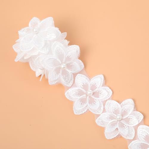 Shimmeroo 2Yards 3D Organza Flowers Lace Appliques Embellishments,Flower White Lace Trim for Sewing Trim & Embellishments Crafts Flower Applique Handmade DIY Dress Decor Wedding Dresses