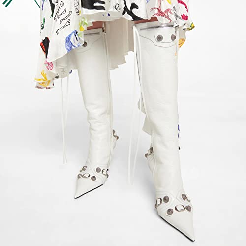 Kluolandi Women's Stiletto High Heel Knee High Boots with Tassel Pointy Toe Studded Zipper Booties Dress Shoes3