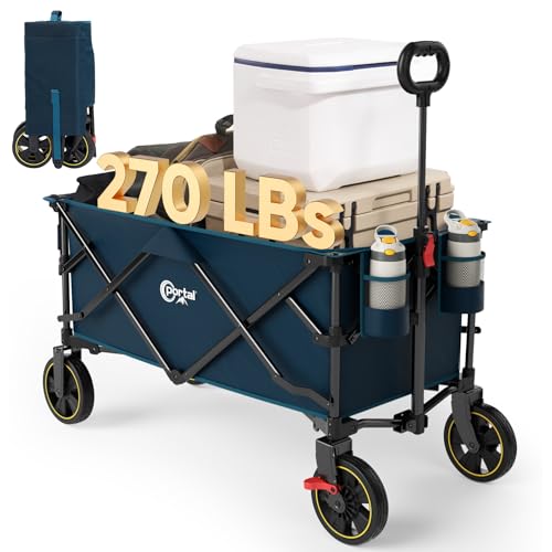 PORTAL Collapsible Folding Wagon Cart, 270 lbs Heavy Duty Foldable Wagons with Wheels & Brake, Utility Grocery carts for Apartment, Shopping, Outdoors Camping, Sports, Garden, Beach