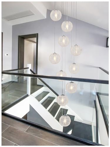 Luminaire de plafond haut avec boule de verre et 9 lumières pour salon