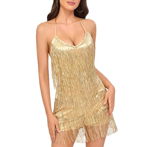 Image of Women's Sequin Fringe Romper Jumpsuit Backless Shorts Dress Sparkly Glitter Jumpsuits Disco Outfit Nightclub Party