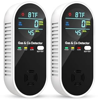 Carbon Monoxide Detectors and Natural Gas Detector, 4-in-1 Upgraded Carbon Monoxide Detectors Plug in, Gas Leak Detector with Dual Alarms, Temperature & Humidity Sensor for Home, RV, Black, 2 Packs