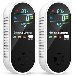 Carbon Monoxide Detectors & Natural Gas Detector, 4-in-1 Carbon Monoxide Detectors Plug in, Gas Leak Detector with Dual Alarms, Temperature & Humidity Sensor for Home, RV Essentials, Black, 2 Packs