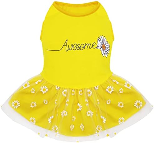 KYEESE Dog Dress Daisy Dog Skirt for Small Dogs with Flower Printing Tulle Doggie Sundress