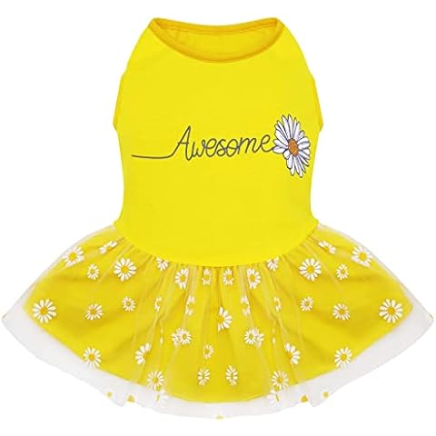 KYEESE Dog Dress Daisy Dog Skirt for Small Dogs with Flower Printing Tulle Doggie Sundress Cover
