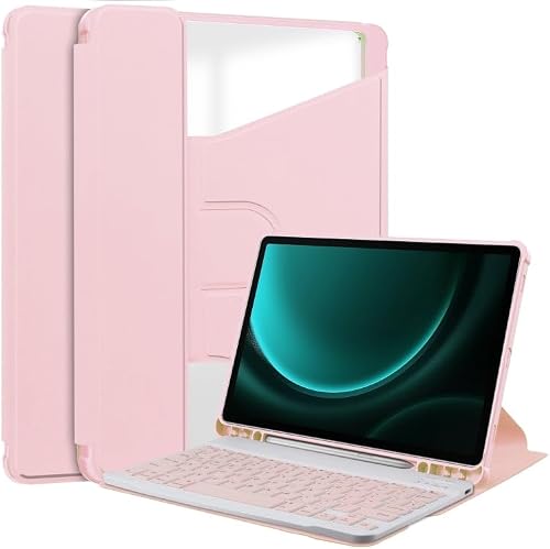 Compatible With Samsung Galaxy Tab S9 FE+ / S10+ 360 Rotation Transparent Smart Leather Case with Keyboard(Pink)