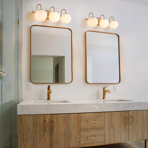 Image of Bathroom Vanity Light, 22.6-Inch Modern Dimmable 3-Light Bathroom Light Fixture Over Mirror, Brass Finish with Frosted Glass Globe Wall Sconce