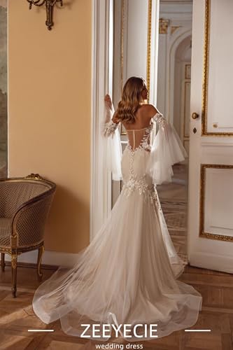 Zeeyecie Off Shoulder Tulle Wedding Dresses Mermaid Lace Applique Sparkly Long Sleeve Bridal Gowns with Train for Brides2