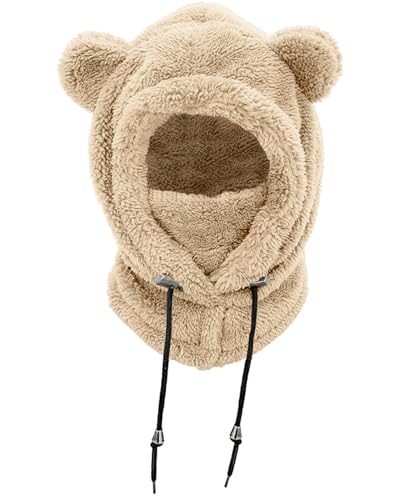 NLAND - NLAND Cagoule Enfants Bonnet Fille Garçon 3 in 1 Chapeau en Peluche Hiver Chaud Cache Cou avec Écharpe et Couvre Visage pour 3-8 Ans, Kaki, Taille unique