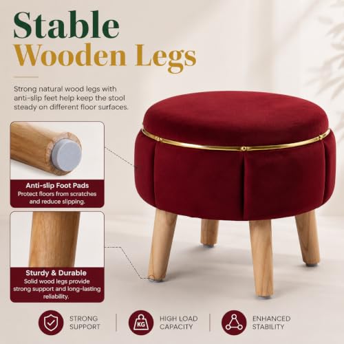 Image of Velvet Upholstered Round Ottoman Footstool | Anti-Slip Feet | Multipurpose Footrest, Step Stool & Vanity Seating & Decor | 40 x 30 cm (16 x 12 Inch) | Maroon