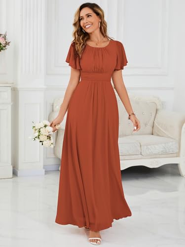 Image of Ever-Pretty Women's Spring Elegant Round Neck Short Sleeve Chiffon Empire Waist Floor Length Formal Dresses Bridesmaid Dress