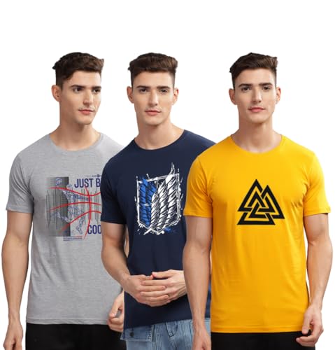 Image of ADRO 100% Cotton Lycra Tshirts for Men Combo Pack of 3 | Regular Fit | Printed T Shirt | Round Neck Half Sleeve| Mens Tshirts
