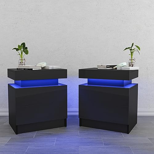 Hommpa NIGHTSTAND 06 Set Of 2 Led Nightstands Black Nightstand With Led Lights Modern Night Stand With 2 High Gloss Drawers Led Bedside Table Smart Nightstand For Bedroom 20.5 Inch Tall cover