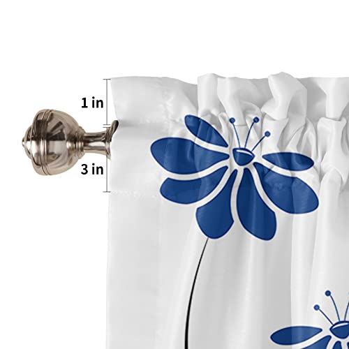 Blue Modern Kitchen Curtain 45 Inch Length For Kitchen Windows,Vintage Floral Lines Art White Small Short Tiers Window Curtains Set,Black Flower Drape Geometrical Striped Printed Window Drapery Panels #TOP4