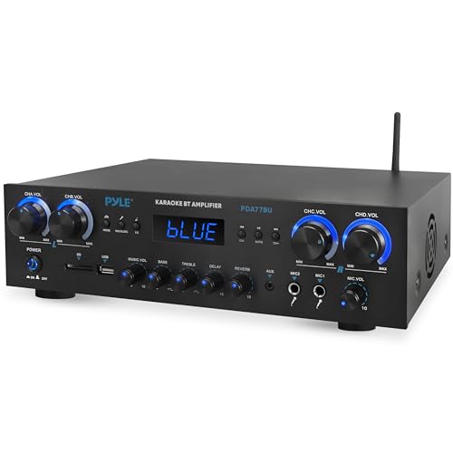 Pyle PDA77BU 4-channel stereo amplifier for music with microphone inputs and knobs