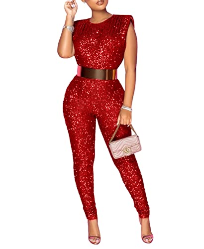 Red Sexy Sequins Jumpsuit For Women One Piece Sleeveless Bodycon Long Pants Evening Rompers Clubwear L #TOP4