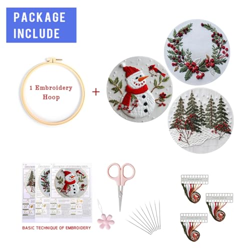 Image of LB Red Christmas Embroidery Kit for Beginners Adults, 3 Sets Hand Embroidery Starter Kit with Cute Snowman and Instructions Stamped Cross Stitch Kits Include Embroidery Hoop Needles Threads Scissors