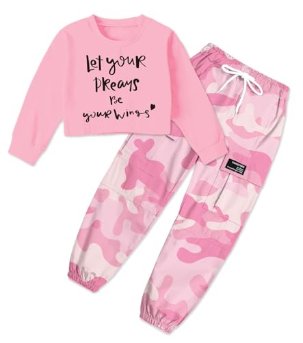 Image of SANGTREE Kids Girls Fashion 2 Piece Clothes Set, Crop Top Cargo Jogger Pants Outfit Hip Hop Dance,Pink+Camouflage red Camouflage, 11-12Y = Tag 160