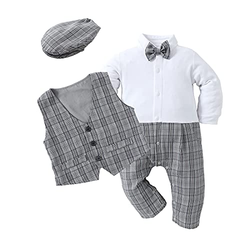 HOSUKKO Baby Boy Suit, One-Piece Romper & Vest & Beret & Bowtie (0-24 Months)