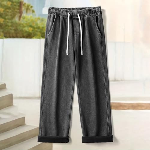 Mens Fleece Lined Jeans Fall Winter Warm Thick Wide Leg Jean Casual Elastic Waist Drawstring Denim Pants Trousers4