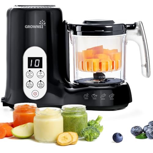 Grownsy Baby Food Maker with Steam Basket, One Step Baby Food Processor Steamer Puree Blender Grinder Mills Machine, Auto Cooking Grinding and Sterili-zing for Healthy Homemade Baby Food, Blcak