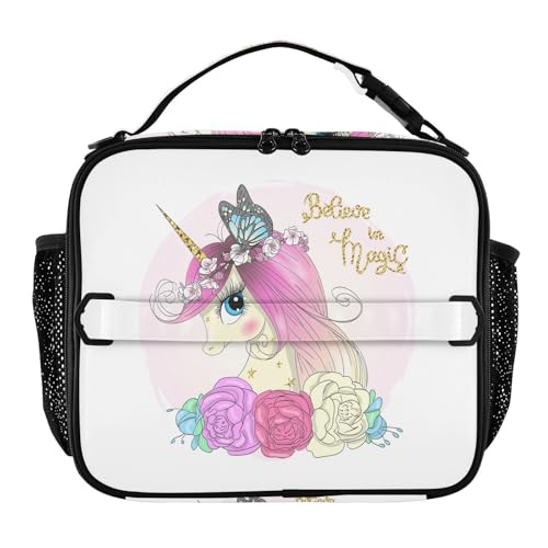 Kjovgcb Thermal Insulated Cooler Lunchbox Bag, Leakproof Nylon Lunch Meal Picnic Bag with Dural Buckled Handle 11.2x3.5x9.8 in Print Unicorn with Horn Butterfly Flowers
