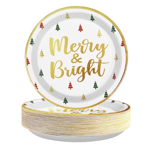 50Pcs Christmas Paper Plates 10" Large Red Green and Gold Xmas Tree Plates Disposable Heavy Duty Merry & Bright Christmas Party Plates for Xmas Party Supplies Holiday Birthday Dinner Table Decorations