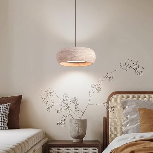 Suspension travertin jaune luminaire LED bois tambour pour îlot de cuisine et bar