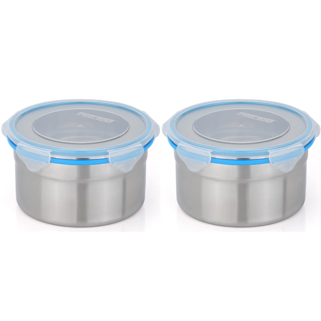 STEELLOCK Stainless Steel Container/Dabba with 4 Side Clip Lock see through Lid for Office & School Use/Food Grade/Air Tight/Easy to Carry/Leak Proof (2pcs X 1150 ml, Blue)