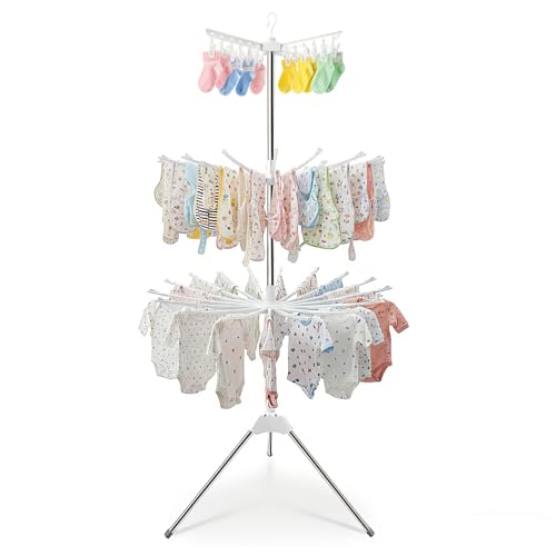 Eirolace Wäscheturm 3-stöckig mit Sockenhalter, Kleine Wäschespinne für innen, Platzsparender Kleiderständer Klappbar mit 32 Stangen & 24 Clips, Stand-Wäschetrockner aus Edelstahl