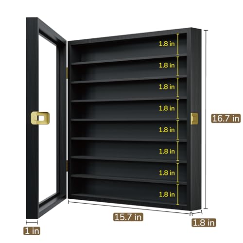 Image of Large Display Case for 1 /64 Scale Model Cars, Wall-Mounted or Freestanding Wood Display Cabinet for Hot Wheels, Rocks, Challenge Coins, Mini Toys, Minifigures, UV Protection Shadow Box, Black