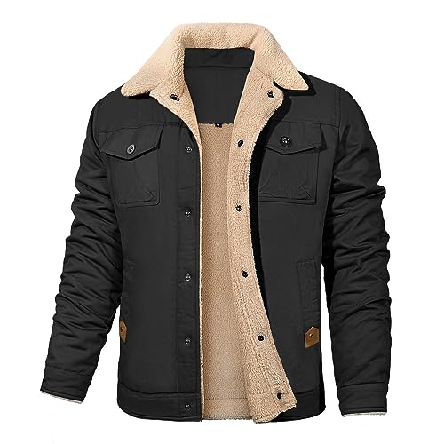 Vancavoo Winter Jackets for Men Fleece Lined Warm Military Industry Coat Thick Casual Cargo Jacket with 5 Pockets Lapel Collar Cotton for Outdoor Work Autumn Winter(Black,XL)