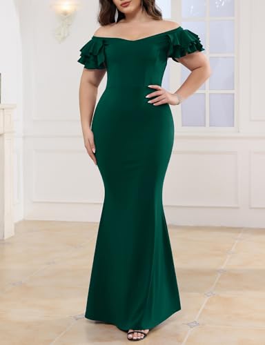 Image of Ekaliy Women's Plus Size Maxi Dress Elegant V-Neck Ruffle Sleeves Bodycon Mermaid Evening Gown
