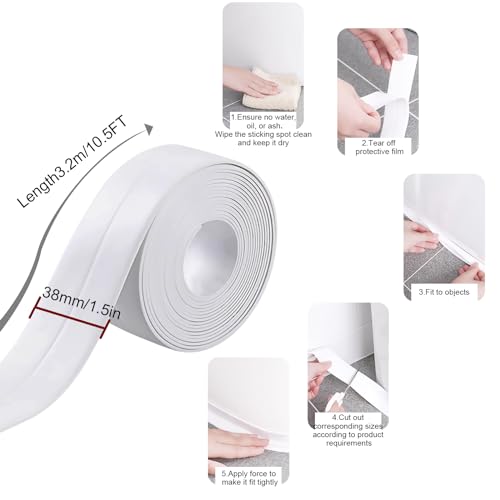 Image of Toilet Caulk Sealant Tape, White Caulk Tape Waterproof Self Adhesive, Bathtub Caulk Sealing Strip Tape for Bathroom Caulking Tape Shower Caulk, 1.5IN-10.5FT