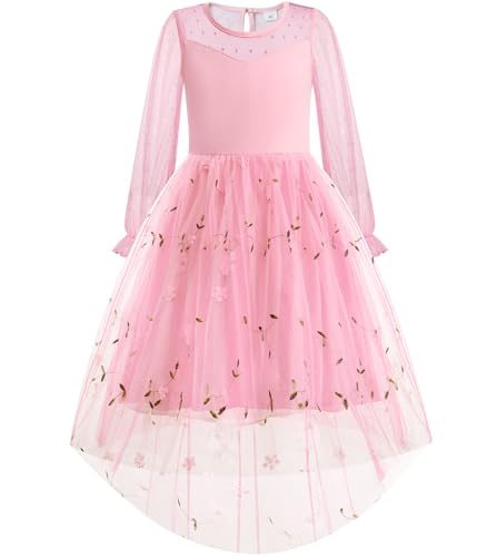 DAXIANG Girls Puff Long Sleeve Contrast Mesh Embroidery Tulle Flower Girl Dress Formal Wedding High Low Dress 5-14 Years