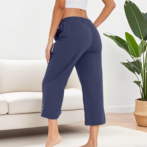 Womens Summer Casual Capri Pants Loose Wide Leg Pant Drawstring Elastic High Waist Trousers with Pockets4