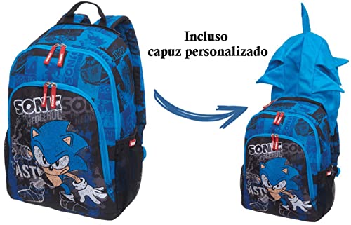 Mochila Infantil Escolar Sonic Costas Com Capuz Estojo Grande Resistente Passeio Menino