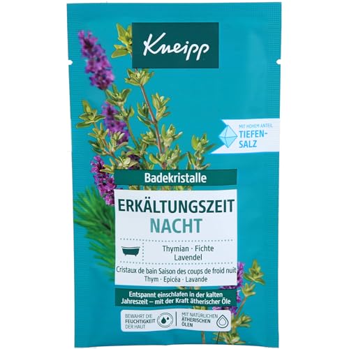Kneipp Cristalli da bagno per il raffreddore notturno – Sali da bagno naturali della Saline Luisenhall con oli essenziali di lavanda, timo e abete rosso – si addormentano rilassatamente nelle stagioni fredde – 60 g