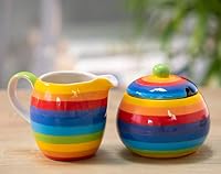 Handbemalte Zuckerdose und Kännchen im Set mit Regenbogen-Streifen – Ansicht 2