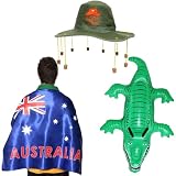 I LOVE FANCY DRESS Conjunto de disfraz del día de Australia, bandera australiana + sombrero de corcho australiano con estampado de koala + cocodrilo inflable